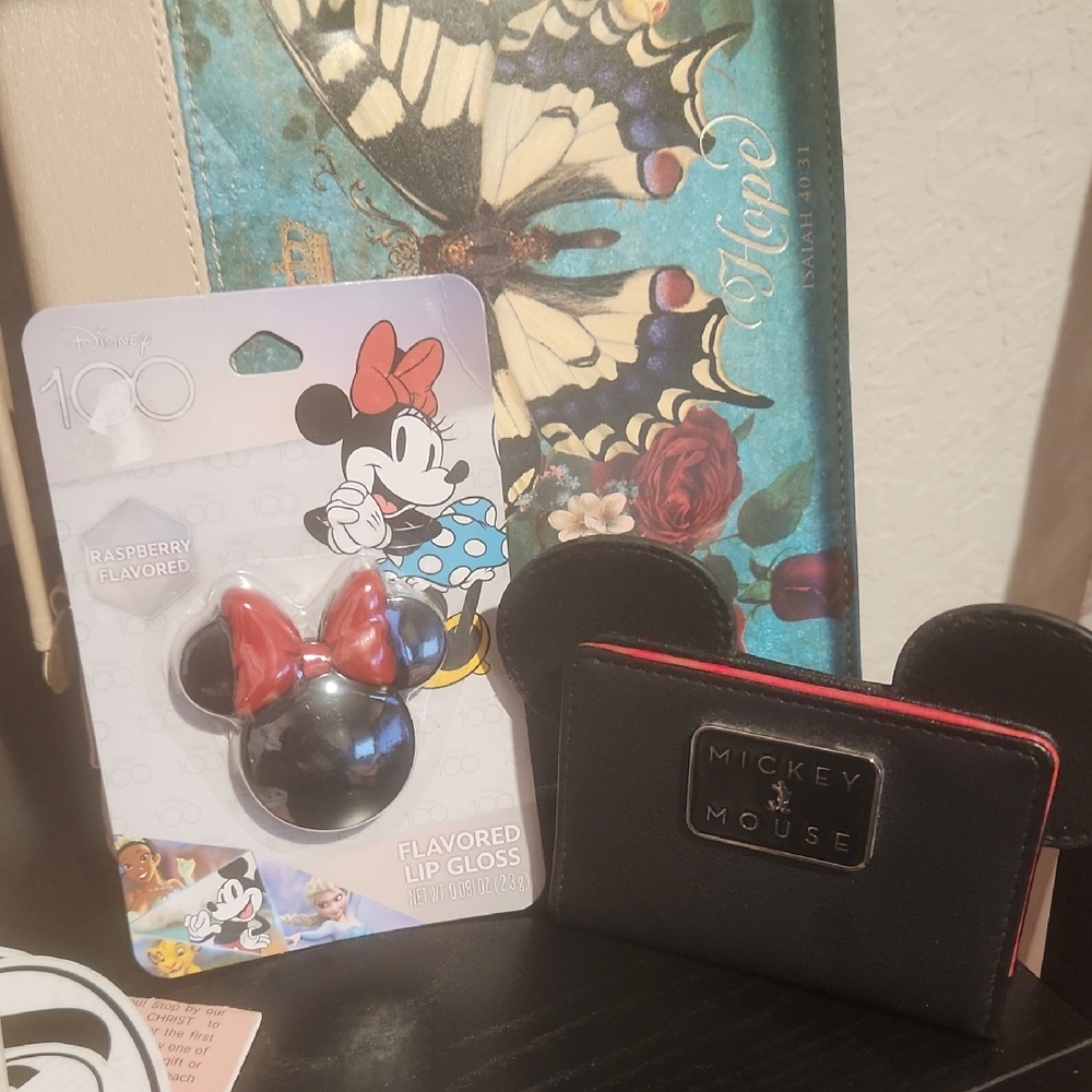Mickey Mousr Black Card Holder & Lip Gloss Disney 100 Raspberry